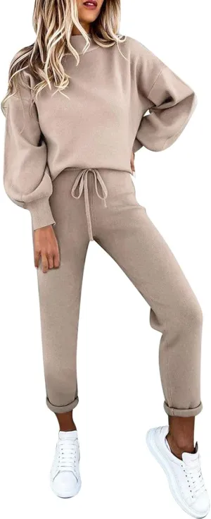 Cutiefox Women's 2 Piece Sweatsuit Outfits Lantern Sleeve Pullover Tops and High Waist Jogger Pants Lounge Sets
