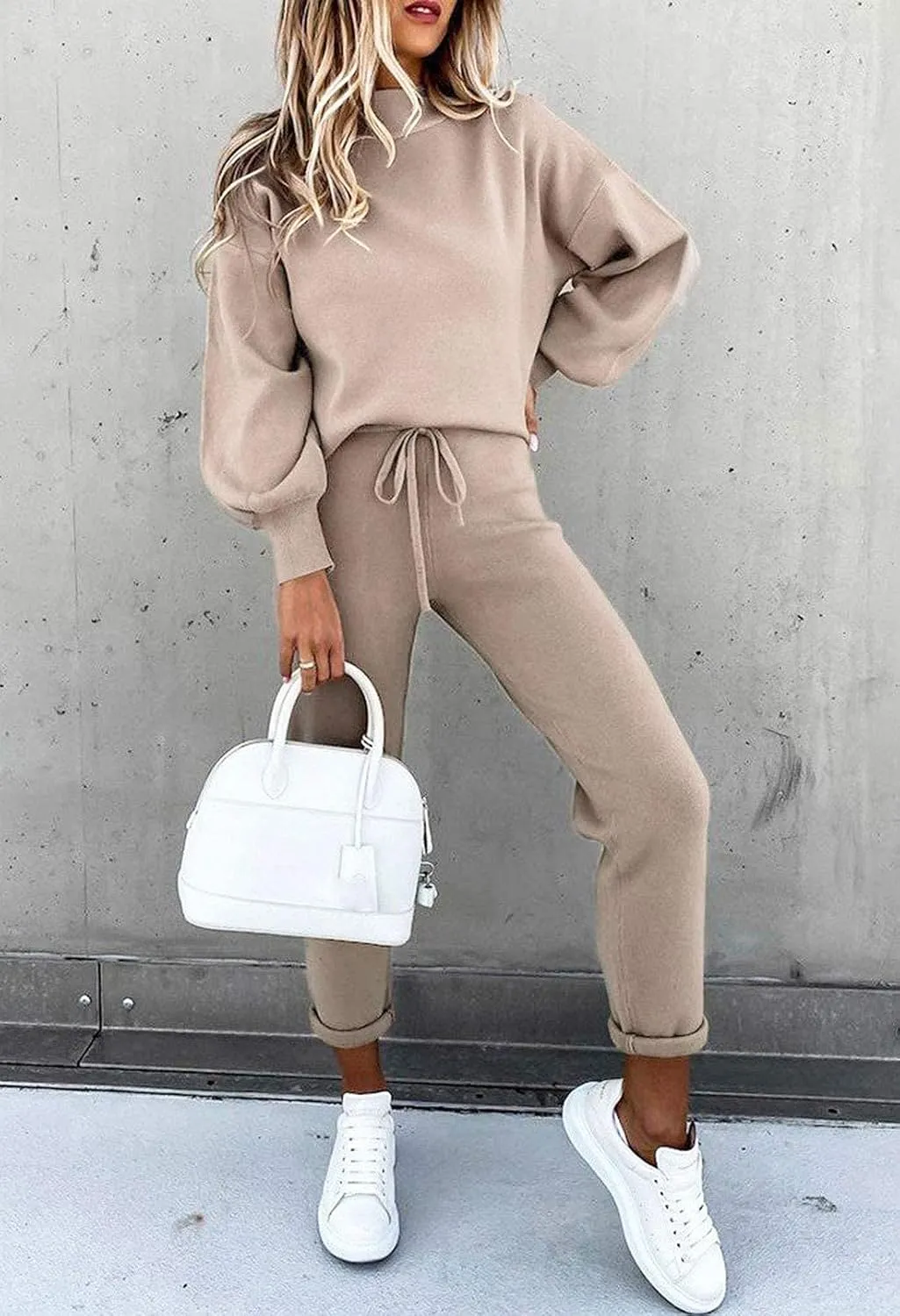 Cutiefox Women's 2 Piece Sweatsuit Outfits Lantern Sleeve Pullover Tops and High Waist Jogger Pants Lounge Sets