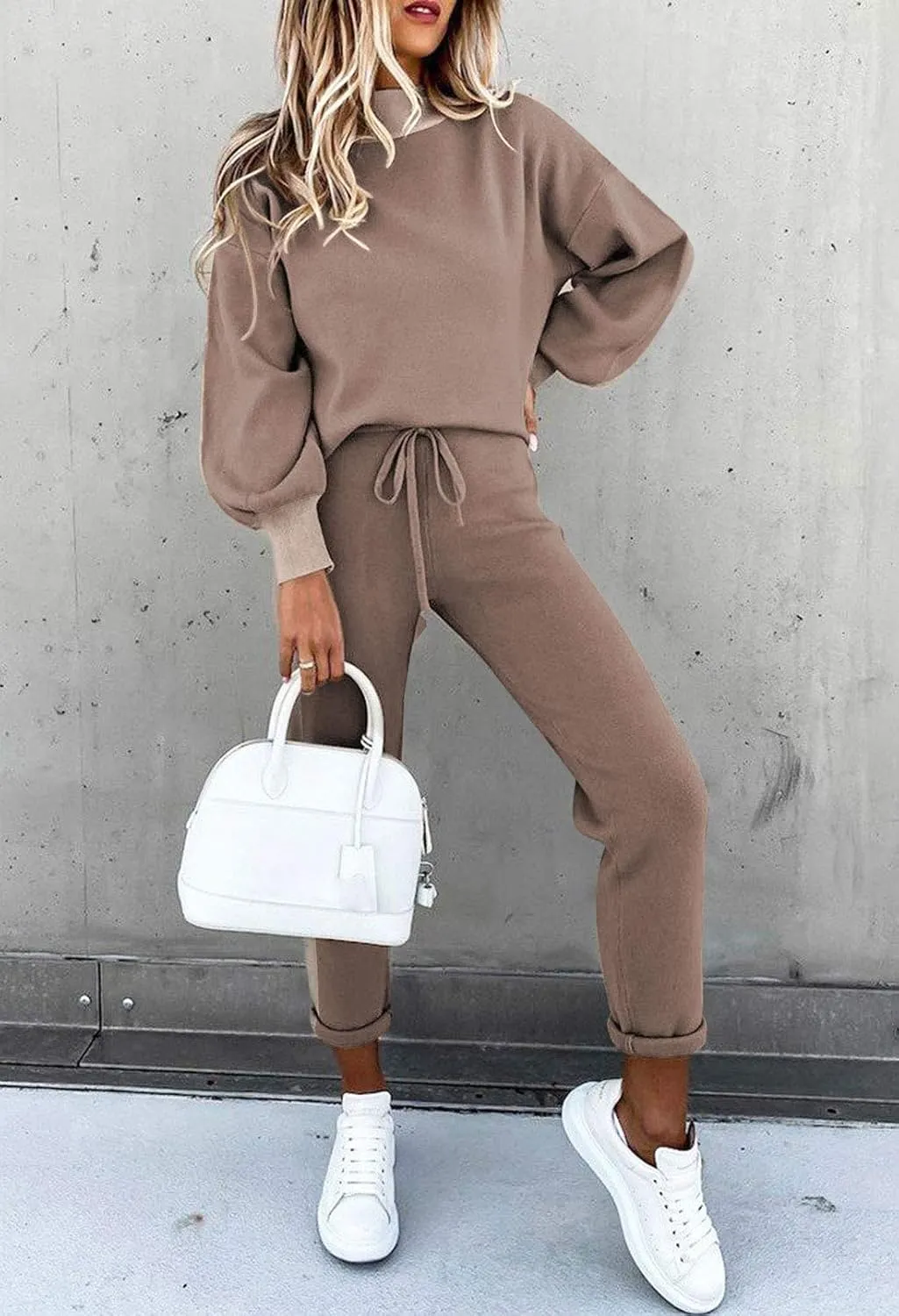 Cutiefox Women's 2 Piece Sweatsuit Outfits Lantern Sleeve Pullover Tops and High Waist Jogger Pants Lounge Sets
