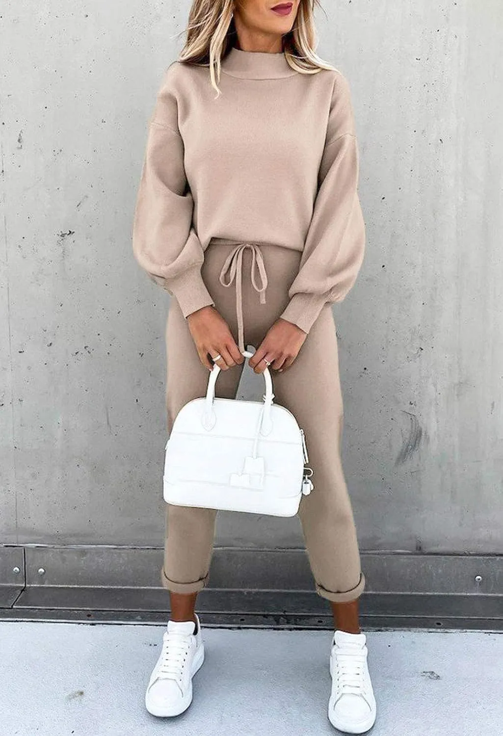 Cutiefox Women's 2 Piece Sweatsuit Outfits Lantern Sleeve Pullover Tops and High Waist Jogger Pants Lounge Sets