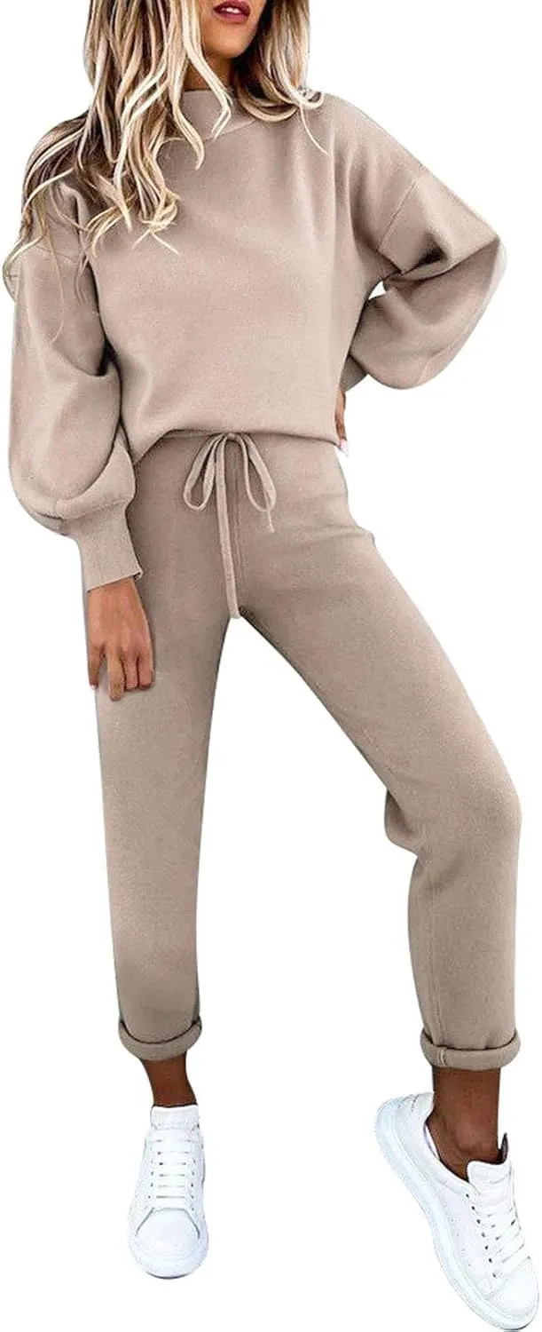 Cutiefox Women's 2 Piece Sweatsuit Outfits Lantern Sleeve Pullover Tops and High Waist Jogger Pants Lounge Sets