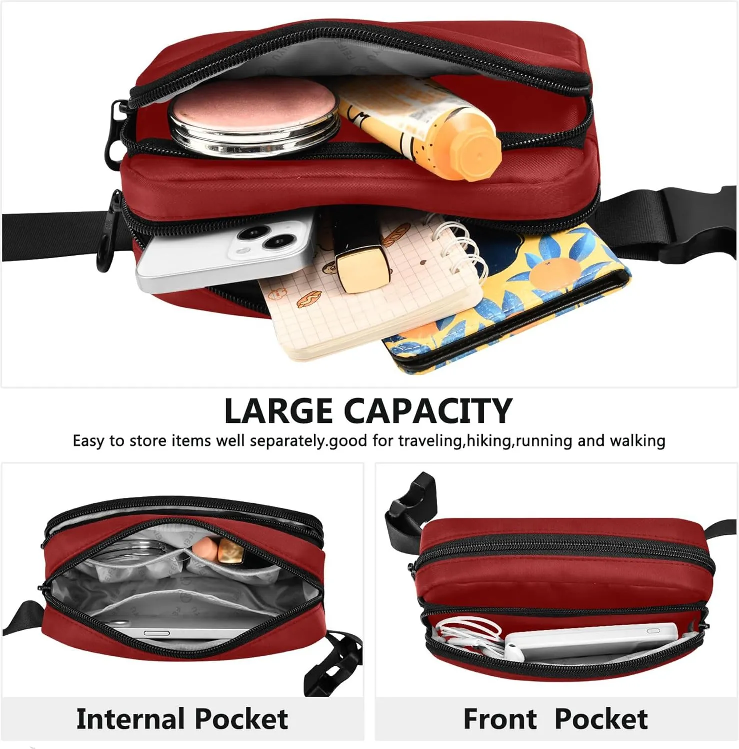 Dark Red Womens Fanny Pack Belt Bag Hip Pack Waterproof Funny Waist Bag for Women