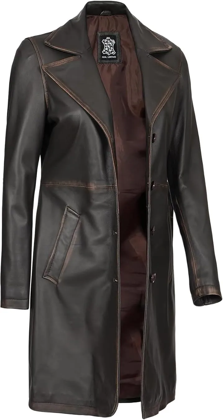 Decrum Leather Coat Women - Real Lambskin Women's Long Leather Car Coat