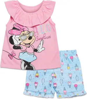 Disney Minnie Mouse Rainbow Floral T-Shirt and Chambray Shorts Outfit Set Infant to Big Kid Sizes (12 Months - 14-16)
