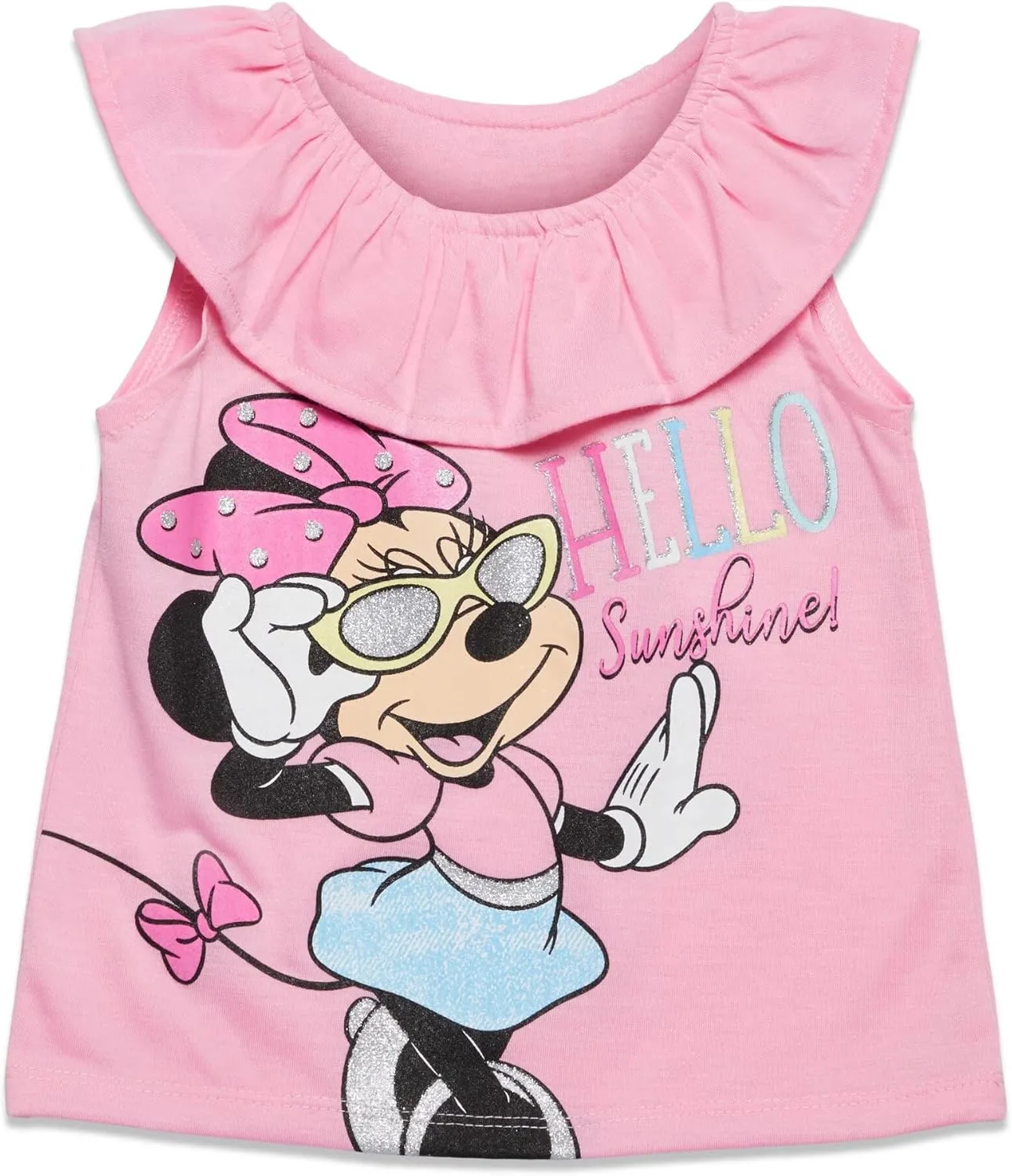 Disney Minnie Mouse Rainbow Floral T-Shirt and Chambray Shorts Outfit Set Infant to Big Kid Sizes (12 Months - 14-16)