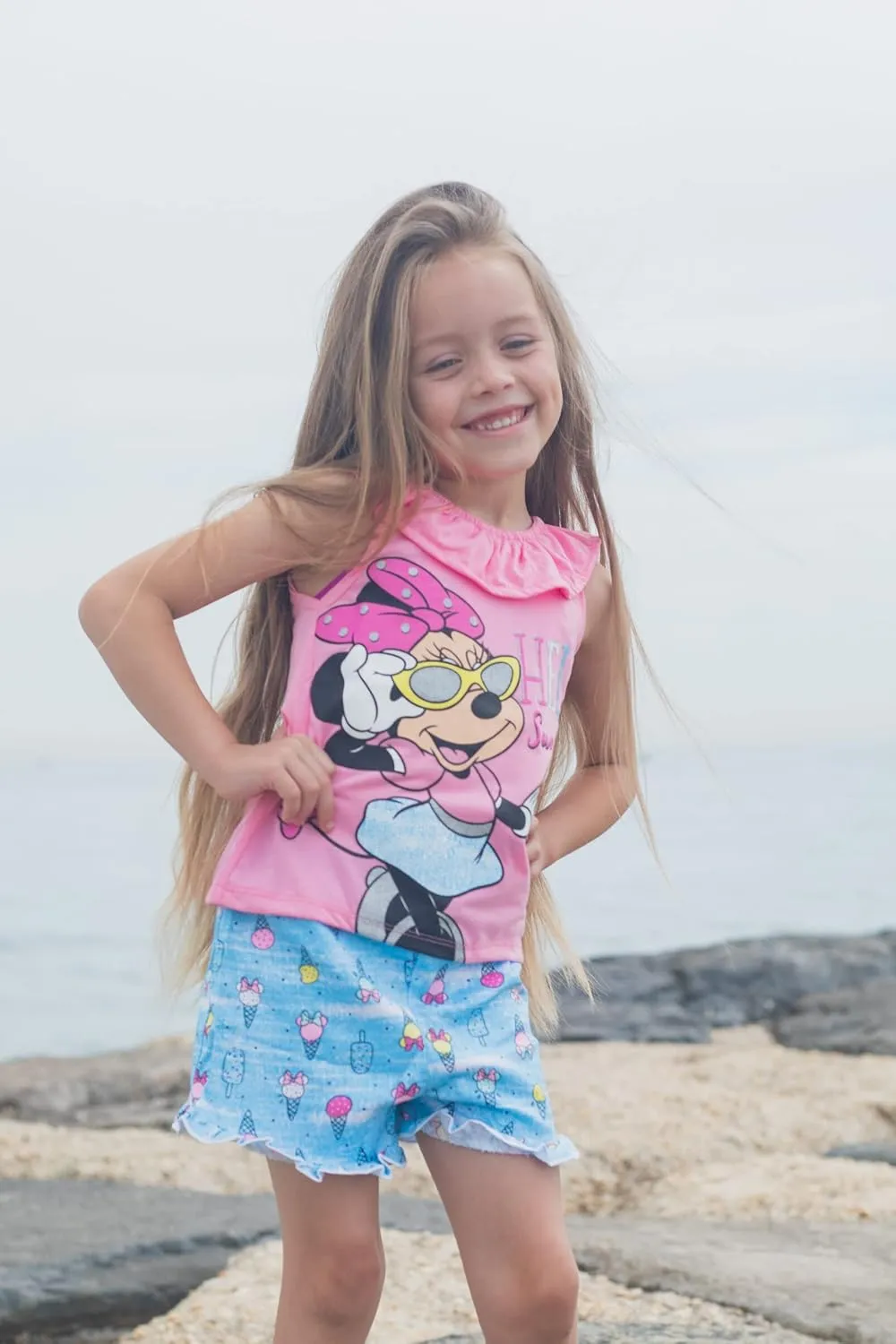 Disney Minnie Mouse Rainbow Floral T-Shirt and Chambray Shorts Outfit Set Infant to Big Kid Sizes (12 Months - 14-16)