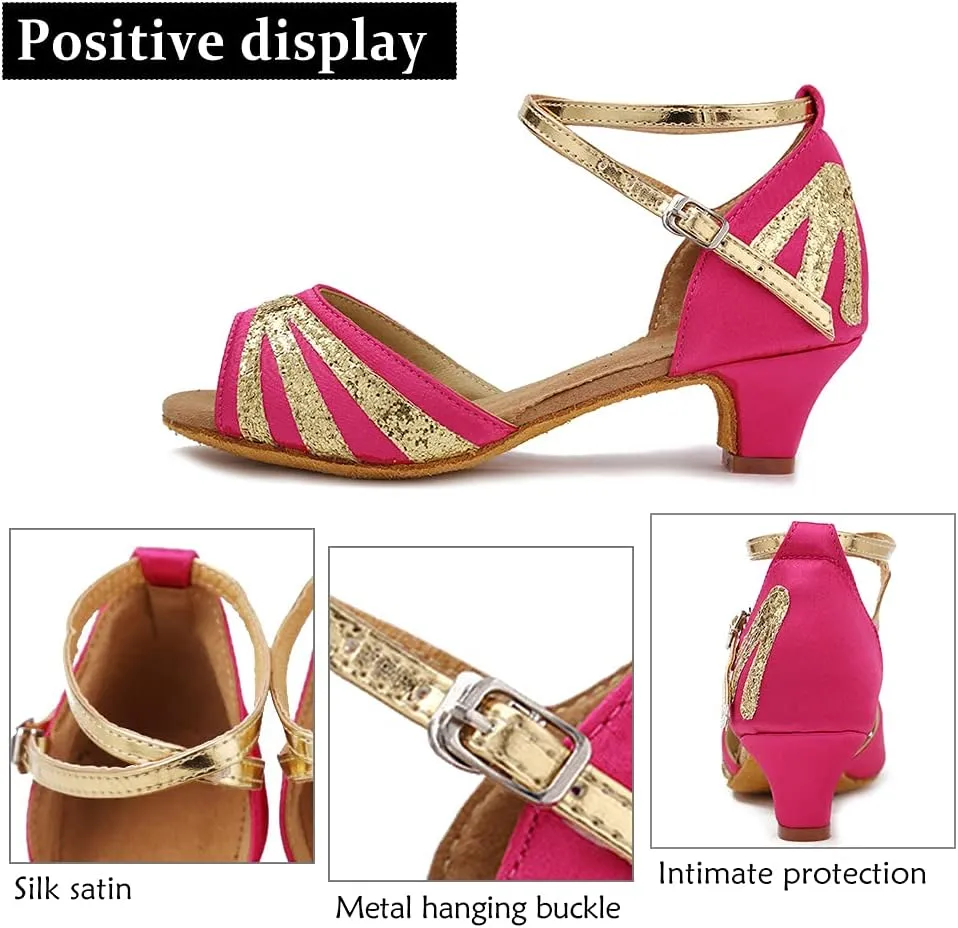DKZSYIM Girls&Women's Satin Latin Dance Shoes Professional Ballroom Salsa Practice Performance Dancing Shoes, Model XGG-Children