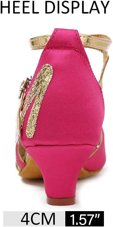 DKZSYIM Girls&Women's Satin Latin Dance Shoes Professional Ballroom Salsa Practice Performance Dancing Shoes, Model XGG-Children