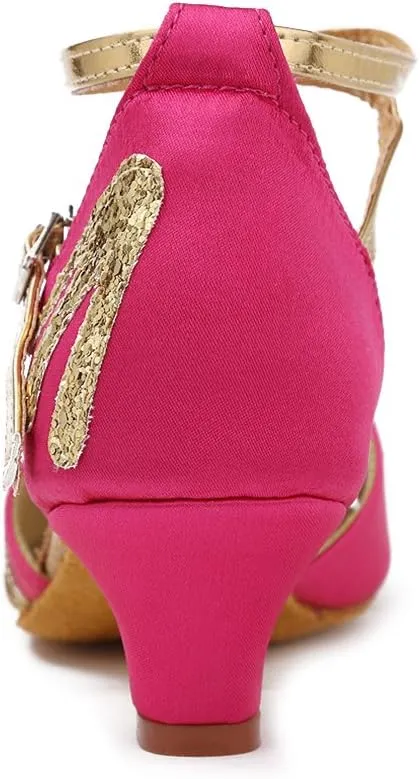 DKZSYIM Girls&Women's Satin Latin Dance Shoes Professional Ballroom Salsa Practice Performance Dancing Shoes, Model XGG-Children