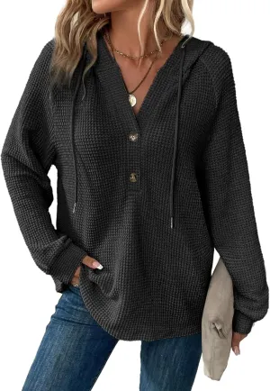 Dokotoo Hoodies for Women Waffle Knit Long Sleeve Drawstring Button V Neck Casual Pullover Sweatshirt Hooded Tops
