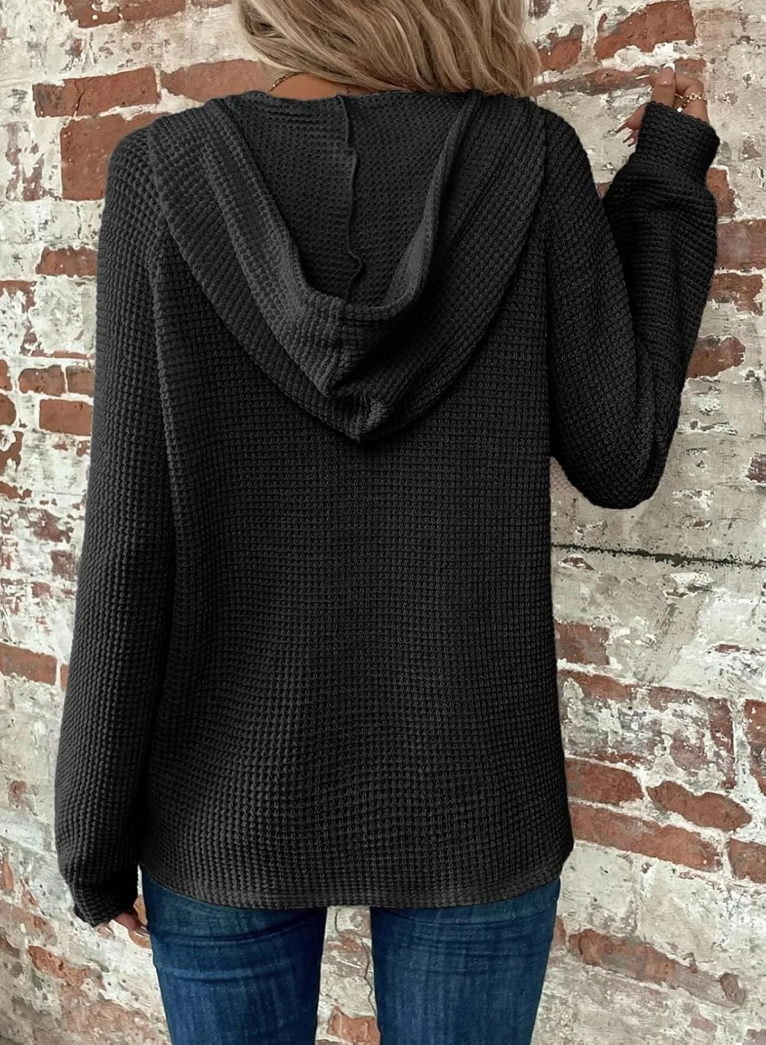 Dokotoo Hoodies for Women Waffle Knit Long Sleeve Drawstring Button V Neck Casual Pullover Sweatshirt Hooded Tops