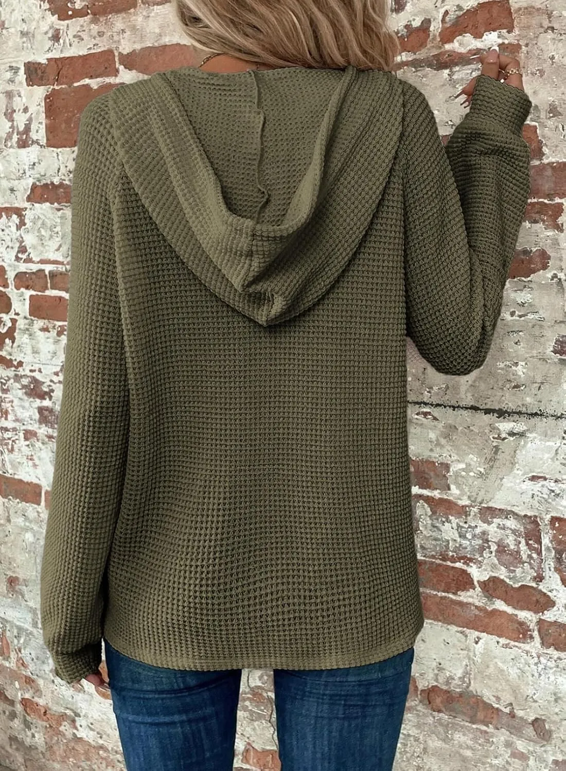 Dokotoo Hoodies for Women Waffle Knit Long Sleeve Drawstring Button V Neck Casual Pullover Sweatshirt Hooded Tops