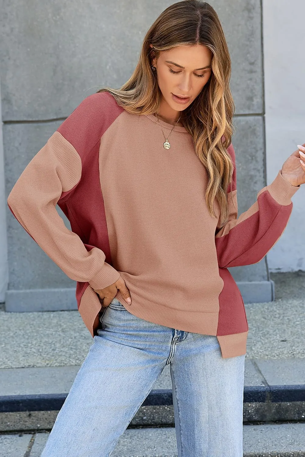 Dokotoo Oversized Sweatshirt for Women Waffle Knit Color Block Crewneck Long Sleeve Casual High Low Pullover Sweatshirts Tops