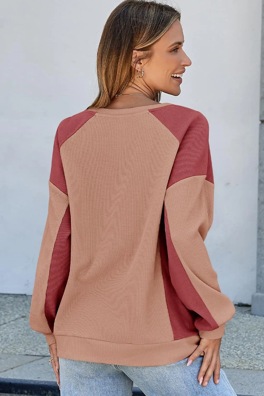 Dokotoo Oversized Sweatshirt for Women Waffle Knit Color Block Crewneck Long Sleeve Casual High Low Pullover Sweatshirts Tops