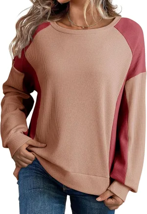 Dokotoo Oversized Sweatshirt for Women Waffle Knit Color Block Crewneck Long Sleeve Casual High Low Pullover Sweatshirts Tops