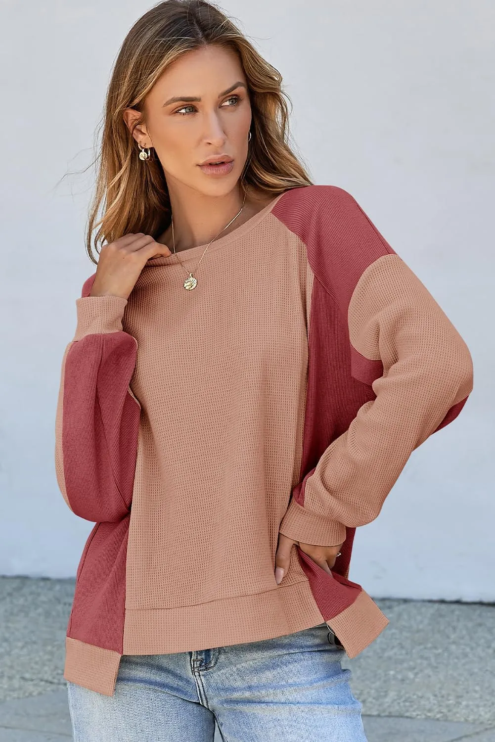 Dokotoo Oversized Sweatshirt for Women Waffle Knit Color Block Crewneck Long Sleeve Casual High Low Pullover Sweatshirts Tops