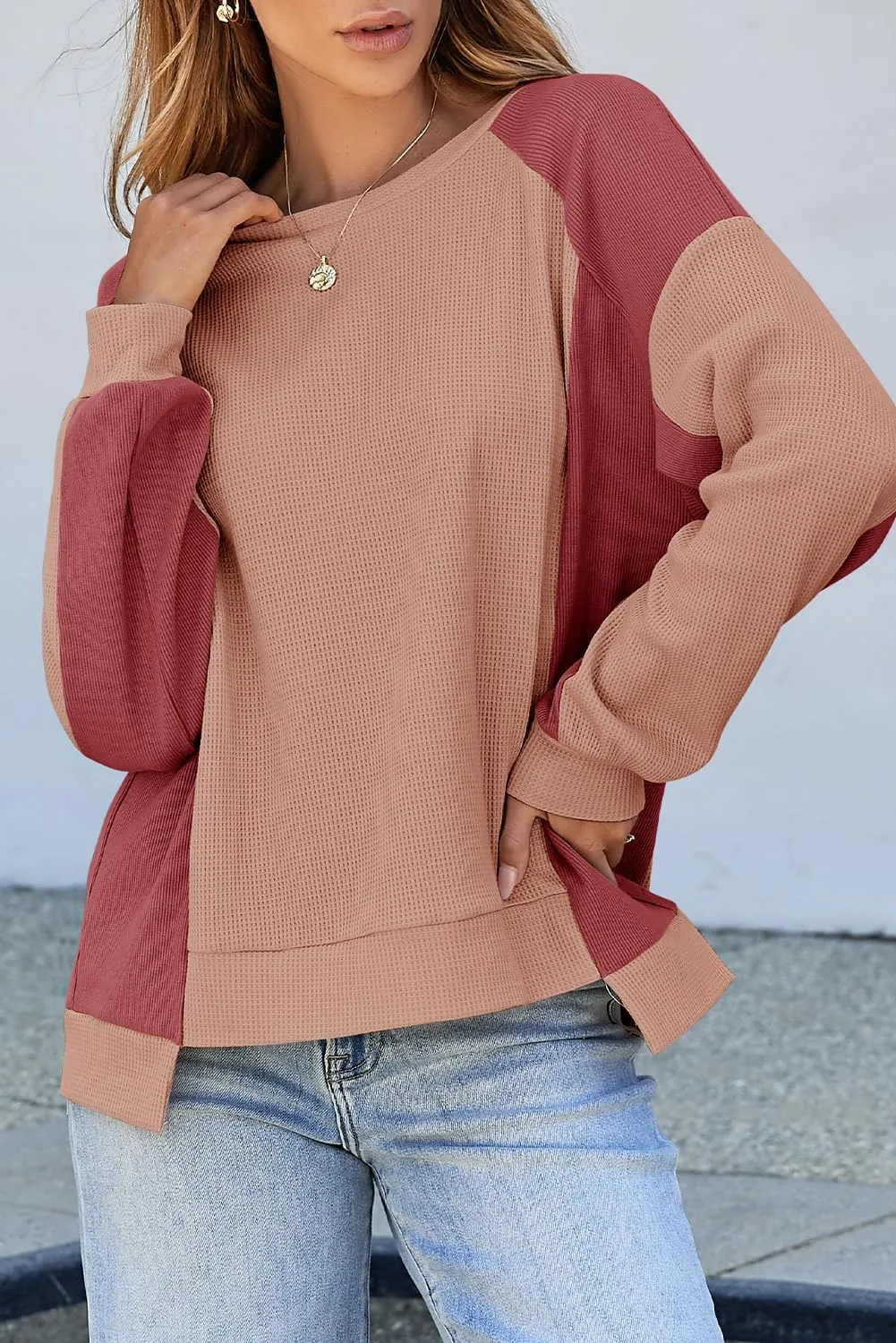 Dokotoo Oversized Sweatshirt for Women Waffle Knit Color Block Crewneck Long Sleeve Casual High Low Pullover Sweatshirts Tops