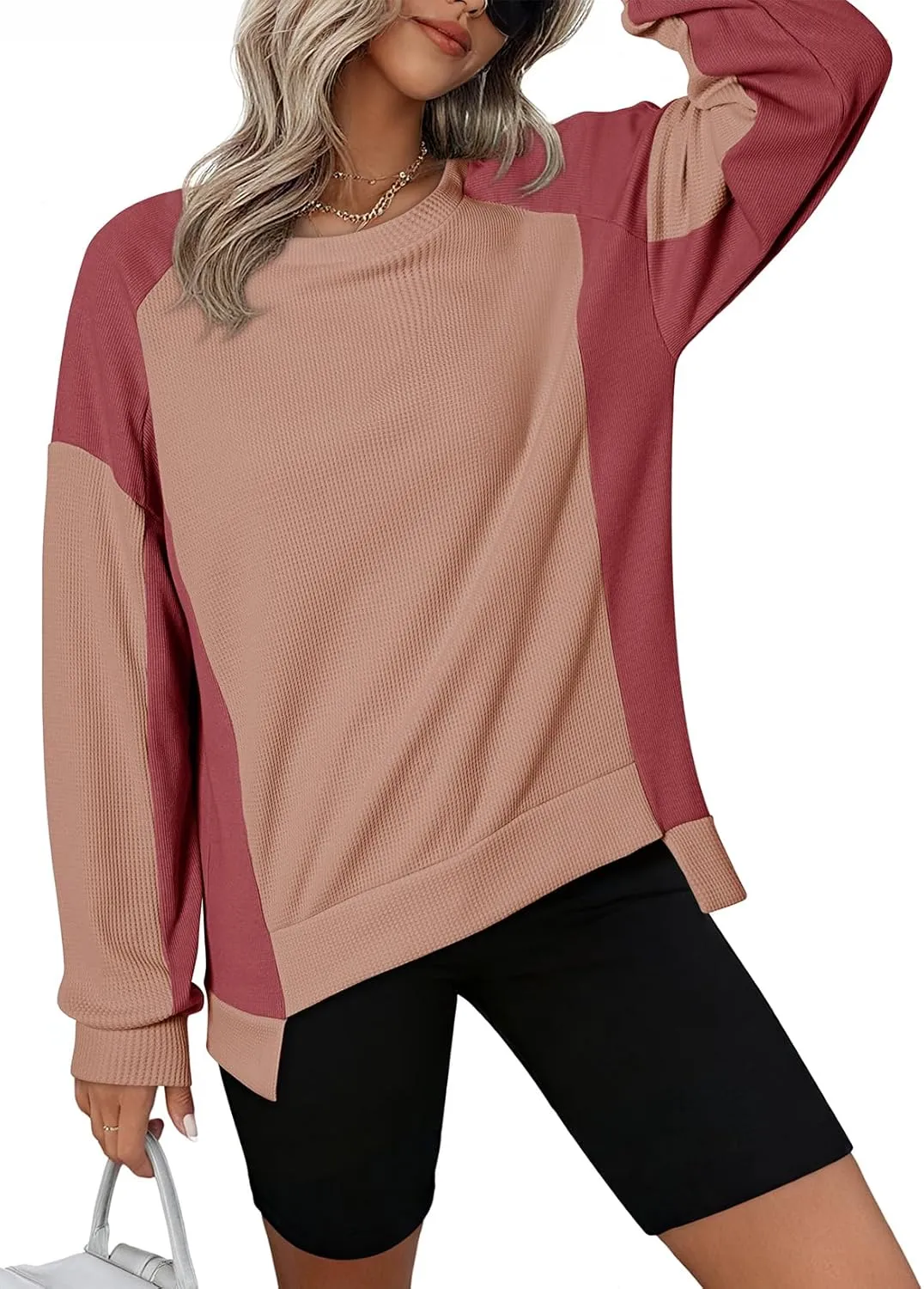 Dokotoo Oversized Sweatshirt for Women Waffle Knit Color Block Crewneck Long Sleeve Casual High Low Pullover Sweatshirts Tops