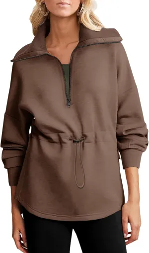 Dokotoo Womens Oversized Sweatshirts Half Zip Drawstring Waist Long Sleeve Side Slits Casual Pullover Sweatshirt Tops