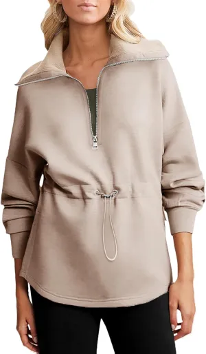 Dokotoo Womens Oversized Sweatshirts Half Zip Drawstring Waist Long Sleeve Side Slits Casual Pullover Sweatshirt Tops