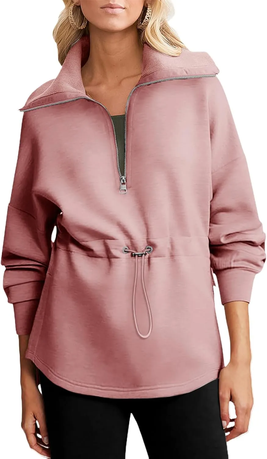 Dokotoo Womens Oversized Sweatshirts Half Zip Drawstring Waist Long Sleeve Side Slits Casual Pullover Sweatshirt Tops