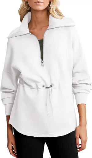 Dokotoo Womens Oversized Sweatshirts Half Zip Drawstring Waist Long Sleeve Side Slits Casual Pullover Sweatshirt Tops