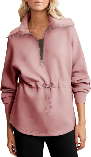 Dokotoo Womens Oversized Sweatshirts Half Zip Drawstring Waist Long Sleeve Side Slits Casual Pullover Sweatshirt Tops