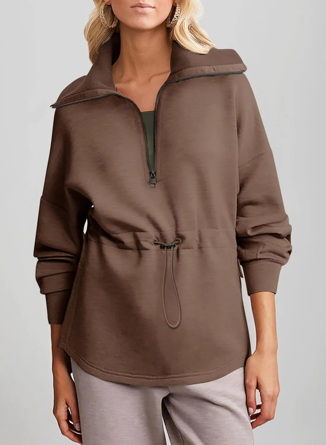 Dokotoo Womens Oversized Sweatshirts Half Zip Drawstring Waist Long Sleeve Side Slits Casual Pullover Sweatshirt Tops
