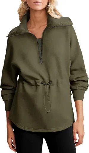 Dokotoo Womens Oversized Sweatshirts Half Zip Drawstring Waist Long Sleeve Side Slits Casual Pullover Sweatshirt Tops