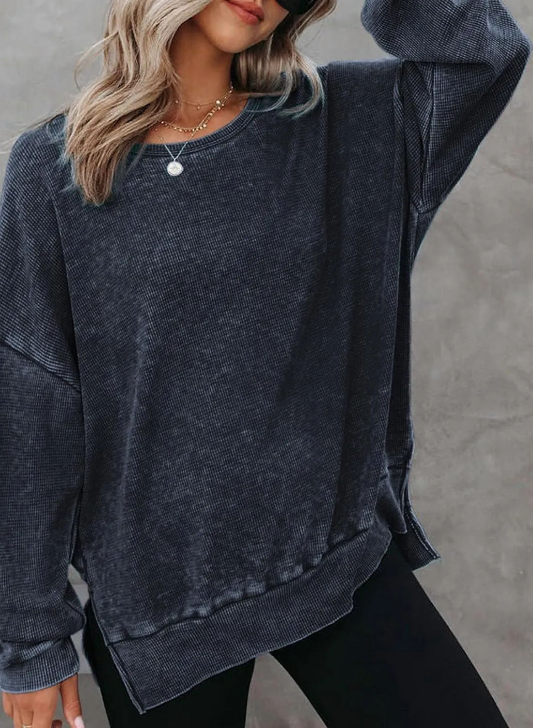 Dokotoo Womens Oversized Waffle Knit Crewneck Sweatshirts Long Sleeve Side Slits Casual Pullover Sweatshirt Tops