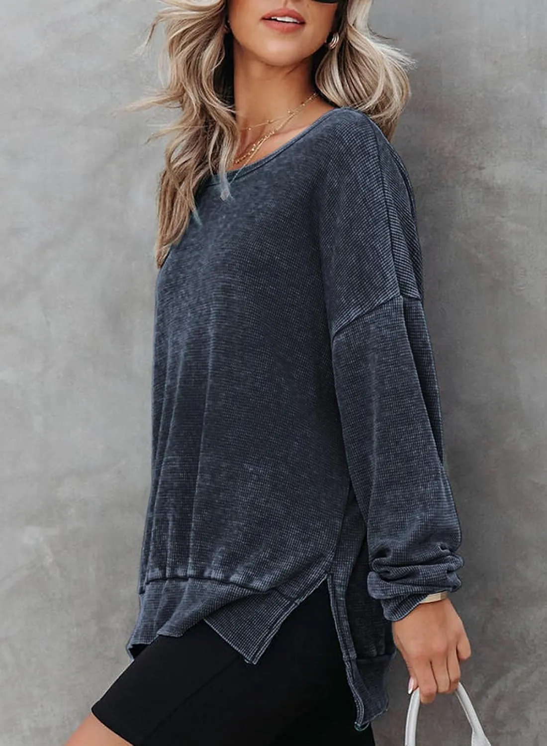 Dokotoo Womens Oversized Waffle Knit Crewneck Sweatshirts Long Sleeve Side Slits Casual Pullover Sweatshirt Tops