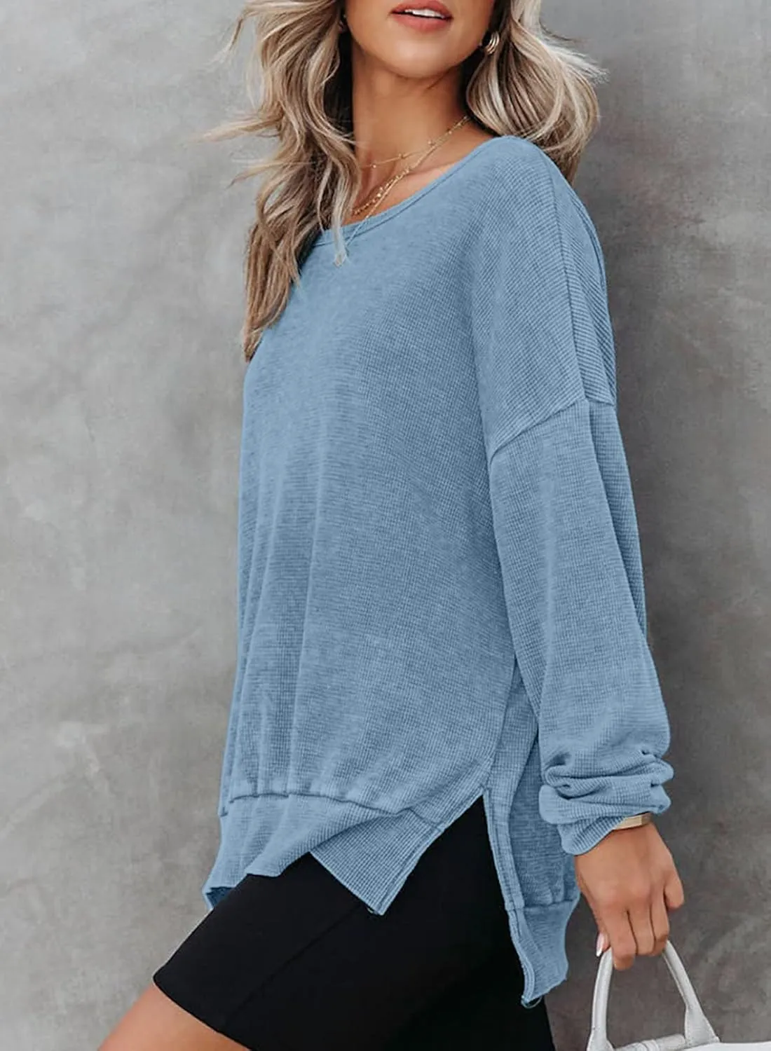 Dokotoo Womens Oversized Waffle Knit Crewneck Sweatshirts Long Sleeve Side Slits Casual Pullover Sweatshirt Tops