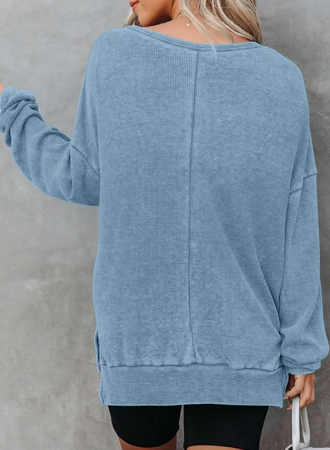 Dokotoo Womens Oversized Waffle Knit Crewneck Sweatshirts Long Sleeve Side Slits Casual Pullover Sweatshirt Tops