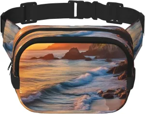 Double Layer Waist Bag for Men & Women,Adjustable Waterproof Running Belt,Multi-Functional Fanny Pack with Beautiful Sunrise Ocean Print for Travel,Hiking,Fitness