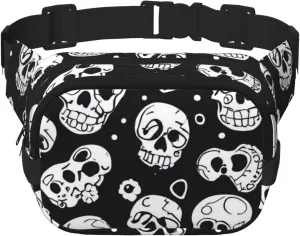 Double Layer Waist Bag for Men & Women,Adjustable Waterproof Running Belt,Multi-Functional Fanny Pack with Black and white skulls pattern Print for Travel,Hiking,Fitness