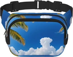 Double Layer Waist Bag for Men & Women,Adjustable Waterproof Running Belt,Multi-Functional Fanny Pack with clouds and palm trees beaches Print for Travel,Hiking,Fitness