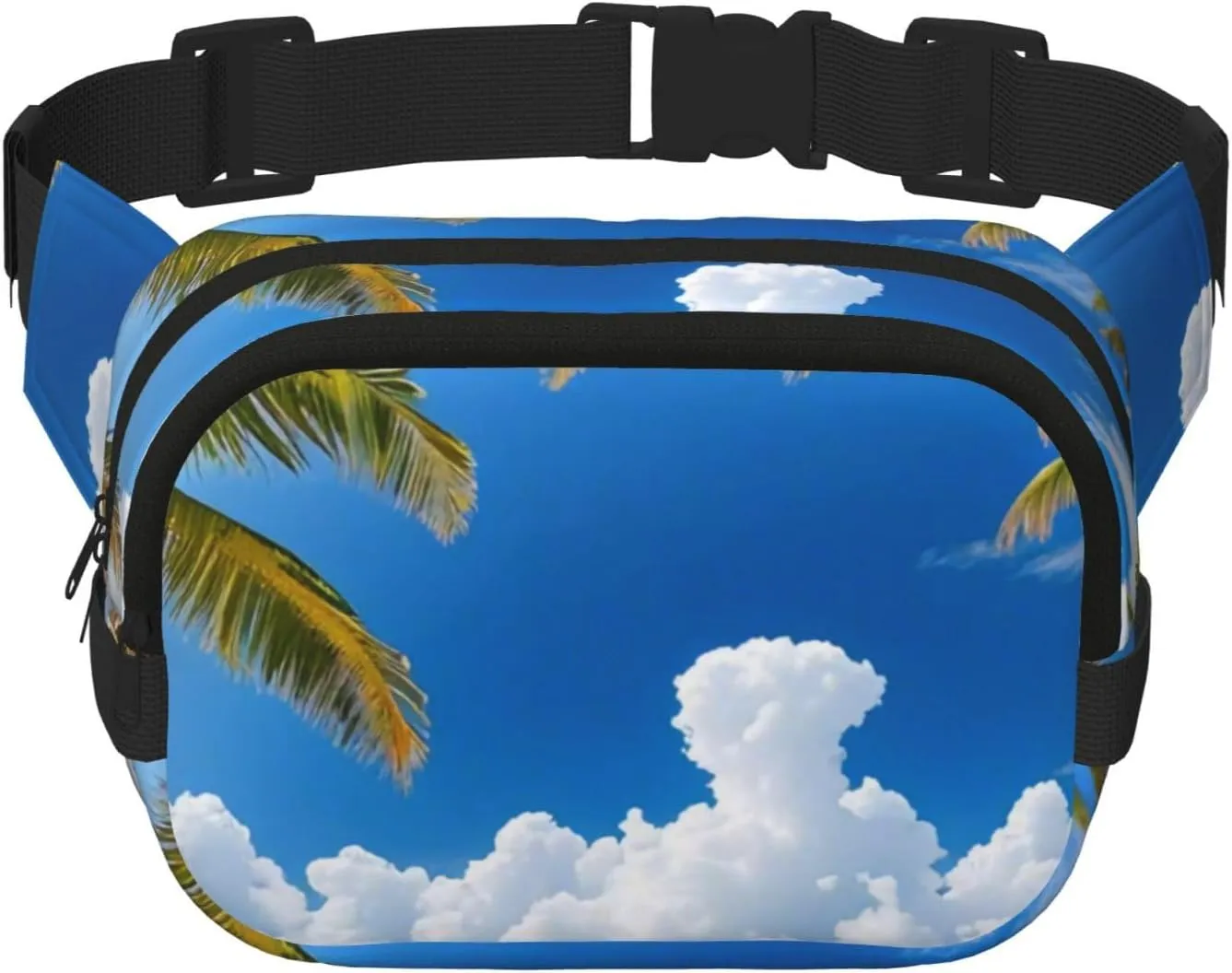 Double Layer Waist Bag for Men & Women,Adjustable Waterproof Running Belt,Multi-Functional Fanny Pack with clouds and palm trees beaches Print for Travel,Hiking,Fitness