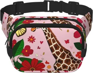 Double Layer Waist Bag for Men & Women,Adjustable Waterproof Running Belt,Multi-Functional Fanny Pack with Giraffe Heart Flower Butterfly Print for Travel,Hiking,Fitness
