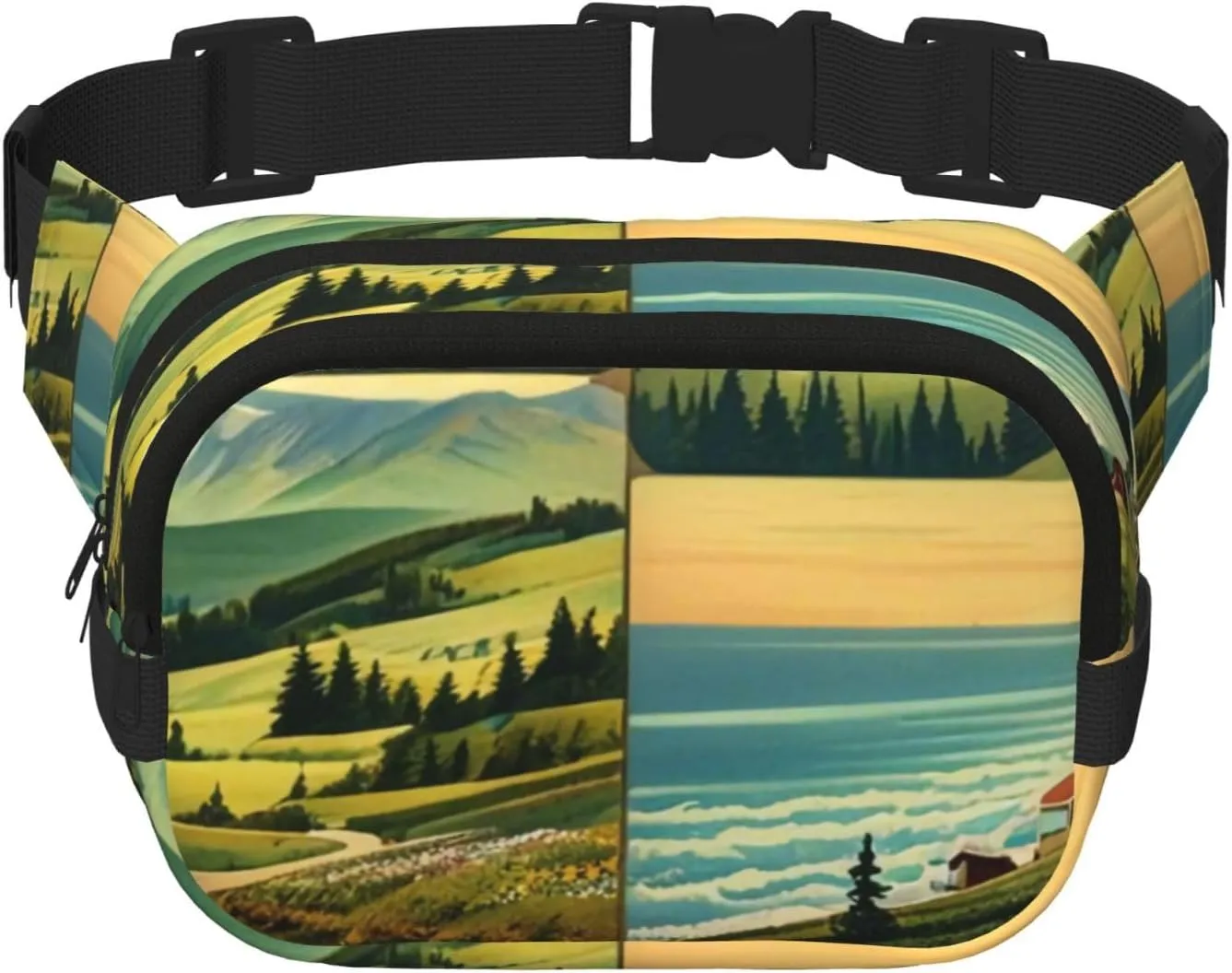 Double Layer Waist Bag for Men & Women,Adjustable Waterproof Running Belt,Multi-Functional Fanny Pack with Vintage Vistas Print for Travel,Hiking,Fitness