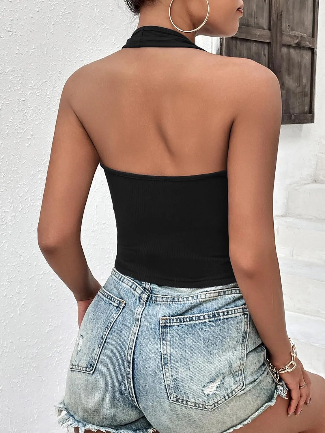 Ekouaer Women Halter Top Backless Scroop Neck Slim Stretchy Ribbed Knit Camisole Crop Tops S-XXL