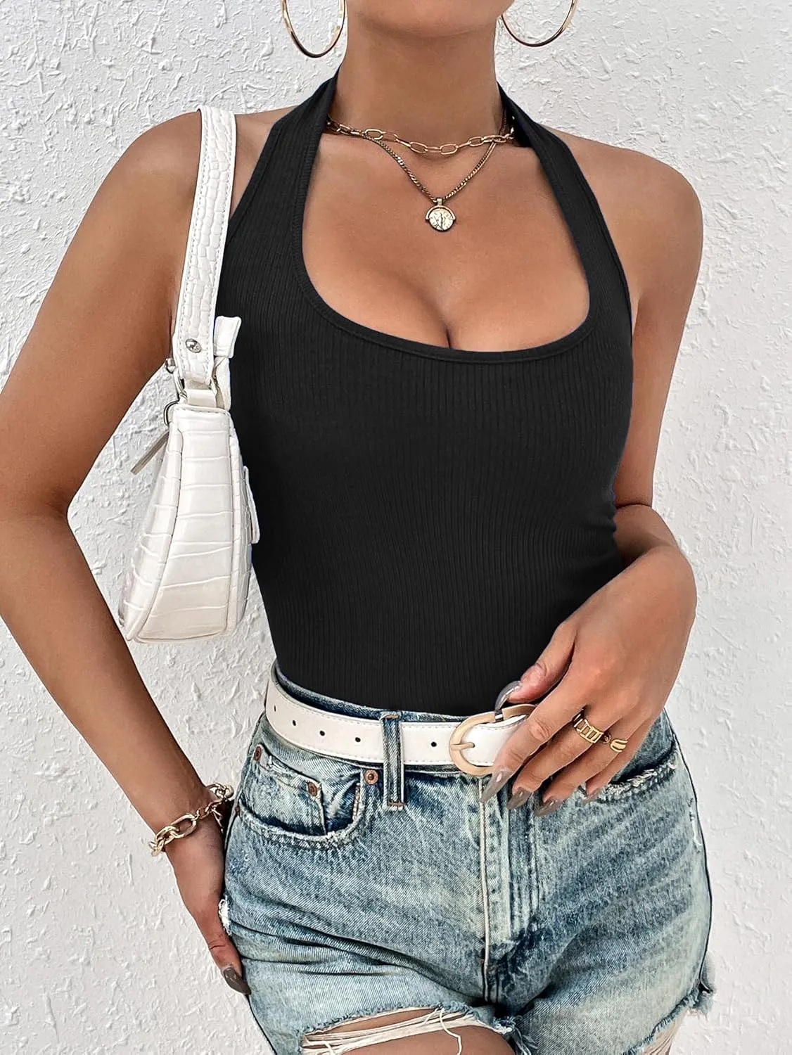 Ekouaer Women Halter Top Backless Scroop Neck Slim Stretchy Ribbed Knit Camisole Crop Tops S-XXL