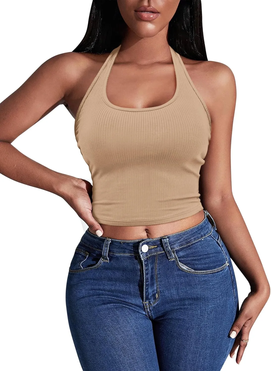Ekouaer Women Halter Top Backless Scroop Neck Slim Stretchy Ribbed Knit Camisole Crop Tops S-XXL