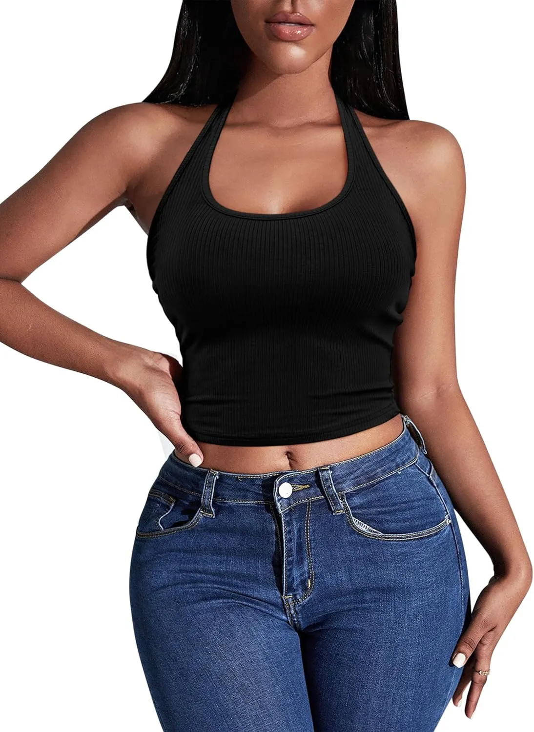 Ekouaer Women Halter Top Backless Scroop Neck Slim Stretchy Ribbed Knit Camisole Crop Tops S-XXL