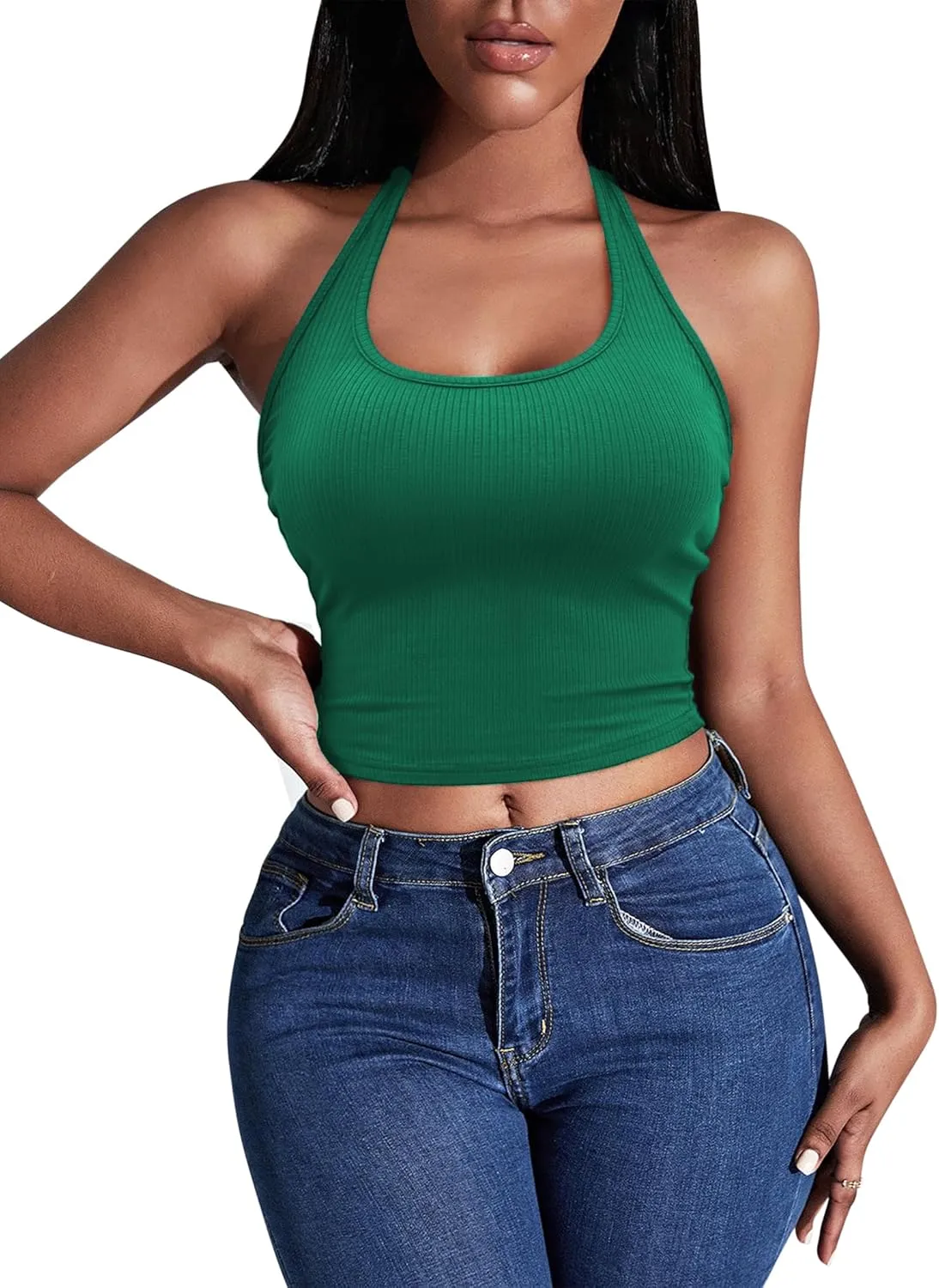 Ekouaer Women Halter Top Backless Scroop Neck Slim Stretchy Ribbed Knit Camisole Crop Tops S-XXL