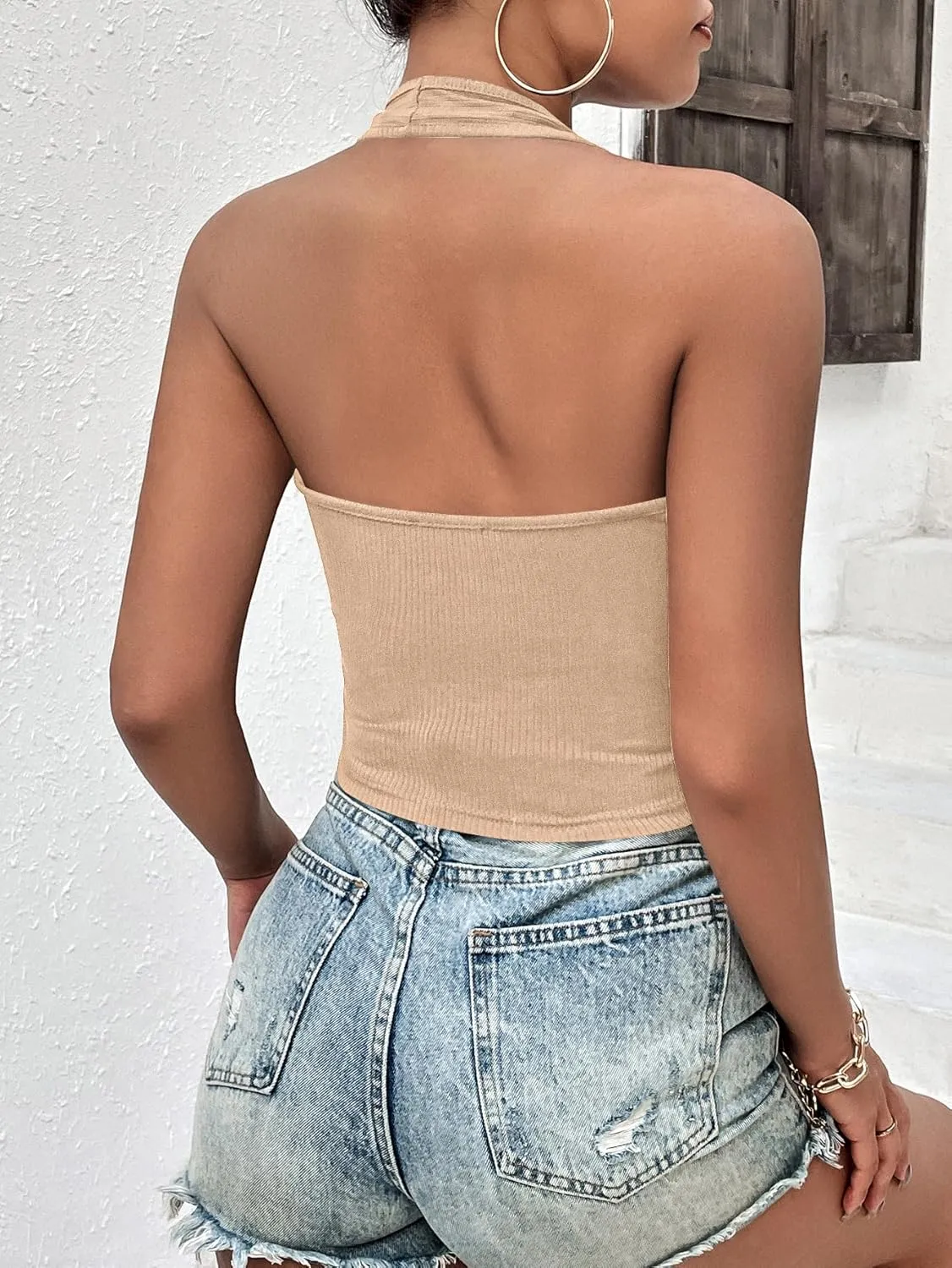 Ekouaer Women Halter Top Backless Scroop Neck Slim Stretchy Ribbed Knit Camisole Crop Tops S-XXL