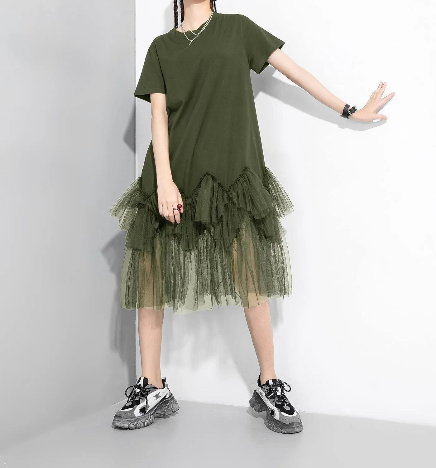 ellazhu Women's Casual Short Sleeve Crew Neck Tutu Tulle Dress with an Oversized Fit GY2266