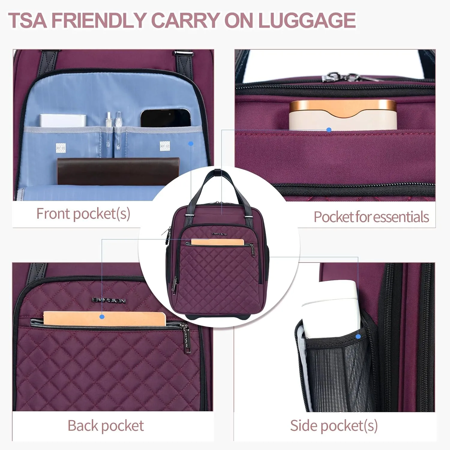 EMPSIGN Underseat Carry On Wheeled - 16" Carry on Bag with Wheels Multi-functional Lightweight Rolling Bag Overnight Weekender Small Suitcase for Women Men Travel Business, Burgundy