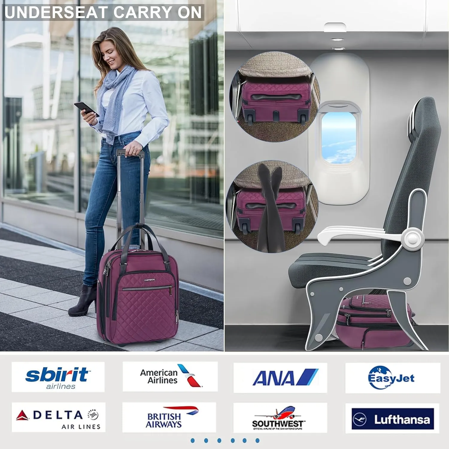 EMPSIGN Underseat Carry On Wheeled - 16" Carry on Bag with Wheels Multi-functional Lightweight Rolling Bag Overnight Weekender Small Suitcase for Women Men Travel Business, Burgundy