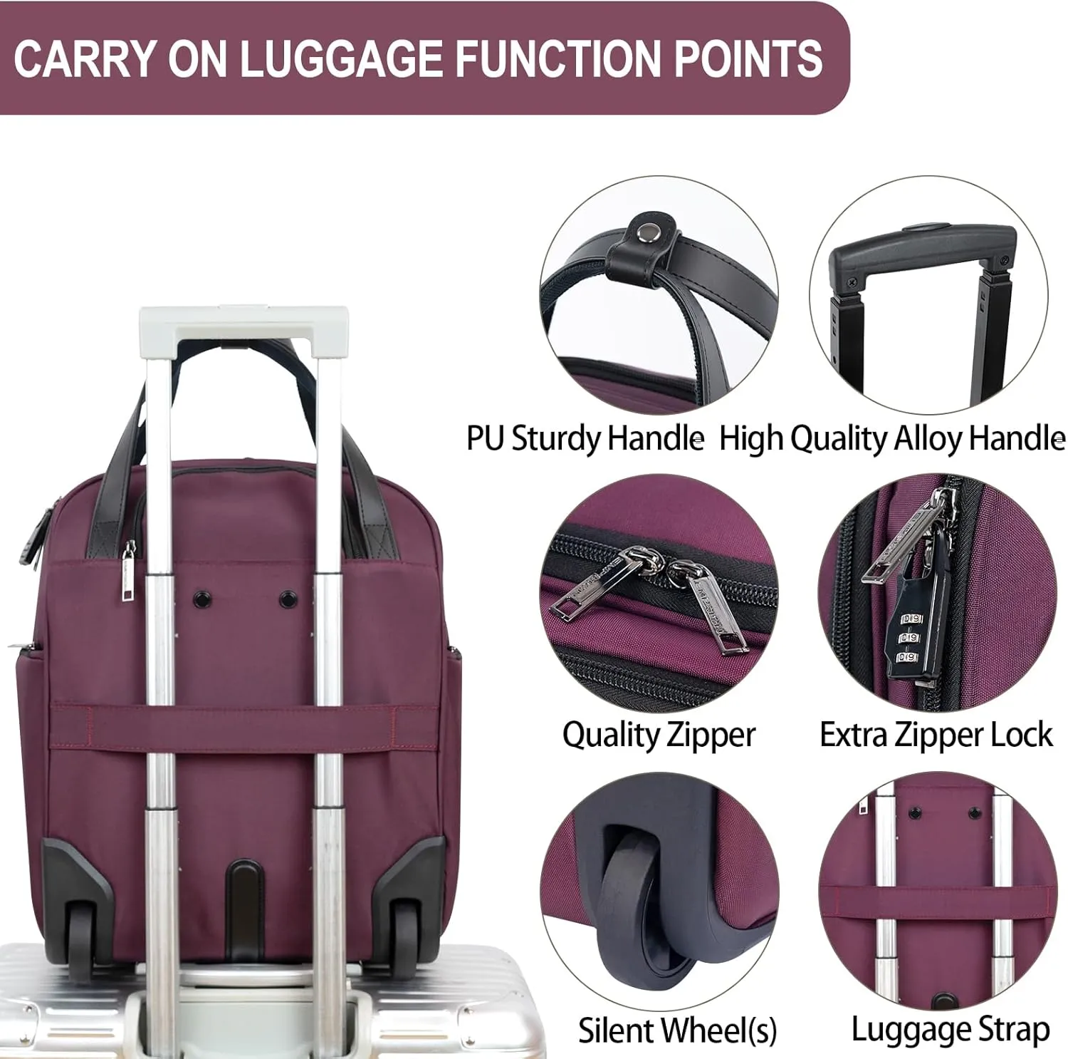 EMPSIGN Underseat Carry On Wheeled - 16" Carry on Bag with Wheels Multi-functional Lightweight Rolling Bag Overnight Weekender Small Suitcase for Women Men Travel Business, Burgundy