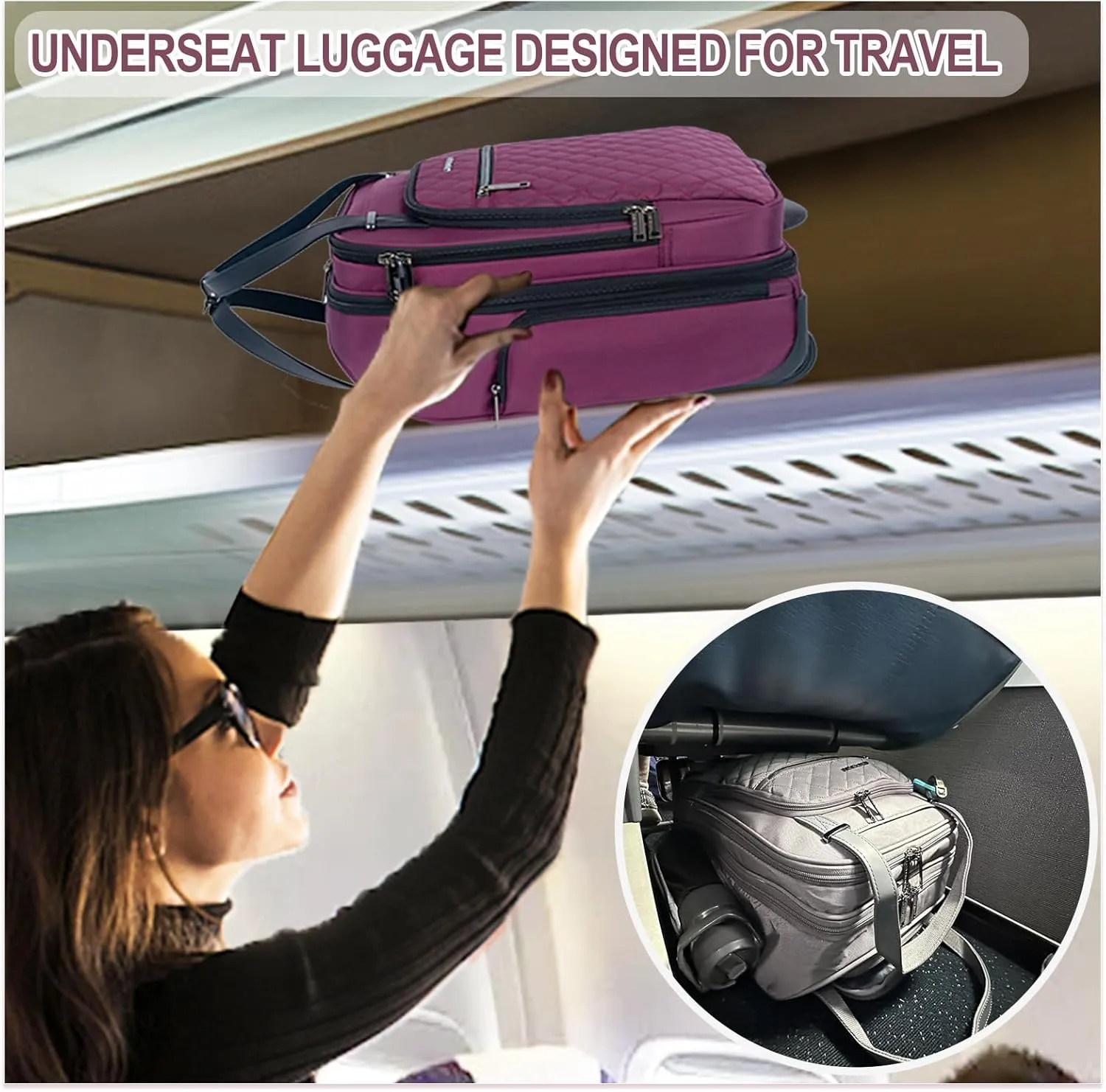 EMPSIGN Underseat Carry On Wheeled - 16" Carry on Bag with Wheels Multi-functional Lightweight Rolling Bag Overnight Weekender Small Suitcase for Women Men Travel Business, Burgundy